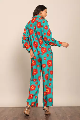 Sea green and red fionna georgette floral co-ord set