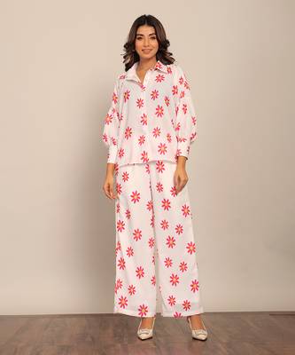 White and red fionna georgette floral co-ord set 1