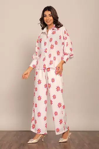 White and red fionna georgette floral co-ord set