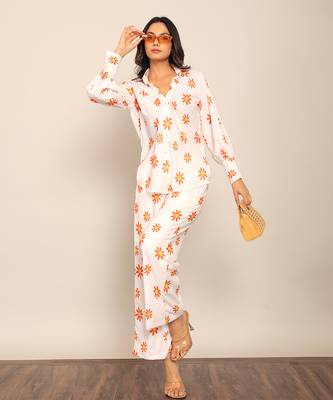 White and orange fionna georgette floral co-ord set 3