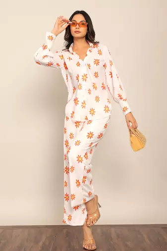 White and orange fionna georgette floral co-ord set