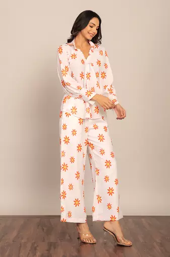 White and orange fionna georgette floral co-ord set