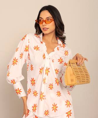 White and orange fionna georgette floral shirts 1