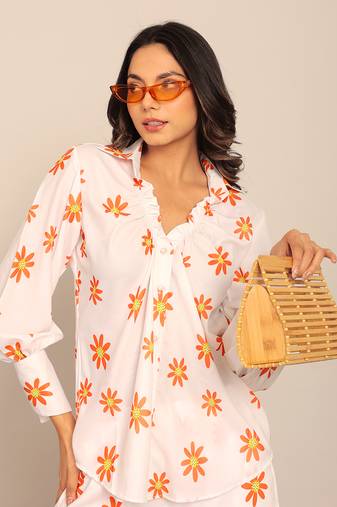 White and orange fionna georgette floral shirts