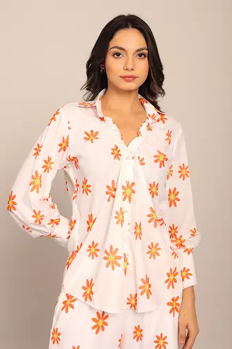 White and orange fionna georgette floral shirts