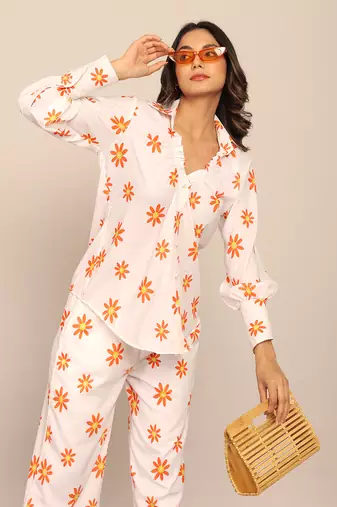 White and orange fionna georgette floral shirts