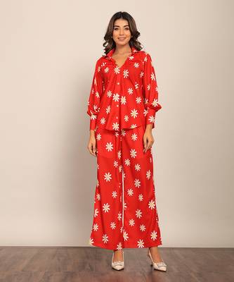 Red and white fionna georgette floral co-ord set 1