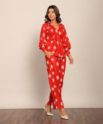 Red and white fionna georgette floral co-ord set 4