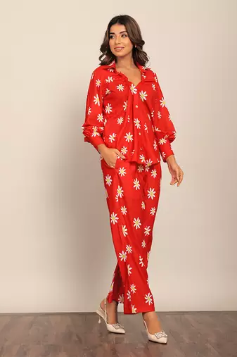 Red and white fionna georgette floral co-ord set