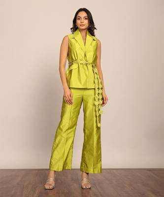 Green taffeta solid co-ord set 1