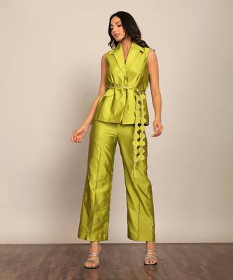 Green taffeta solid co-ord set 3