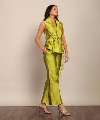 Green taffeta solid co-ord set 4