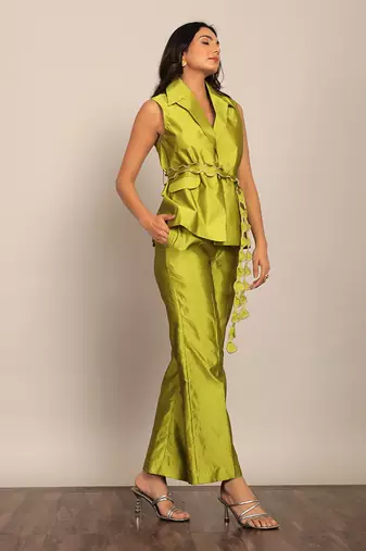 Green taffeta solid co-ord set