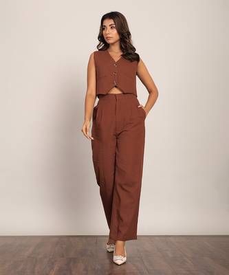 Brown cotton slub solid co-ord set 1
