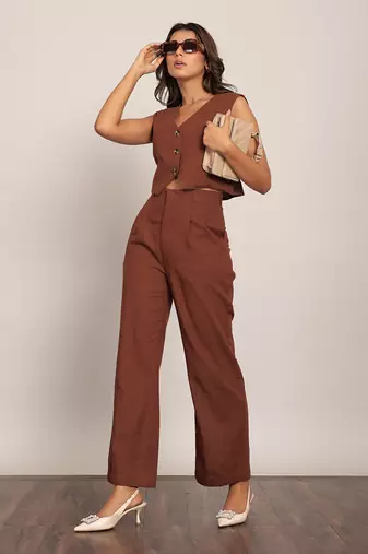 Brown cotton slub solid co-ord set