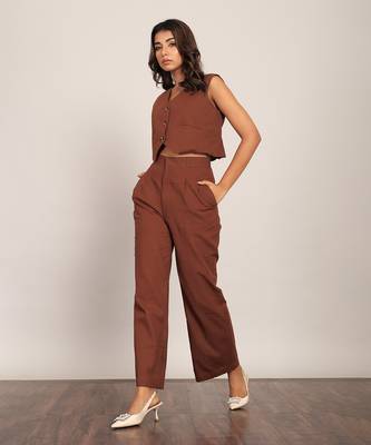 Brown cotton slub solid co-ord set 4