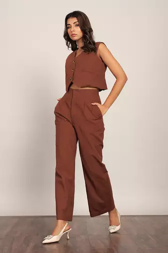 Brown cotton slub solid co-ord set
