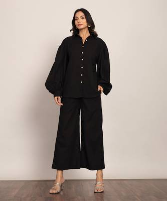 Black cotton slub solid co-ord set 1
