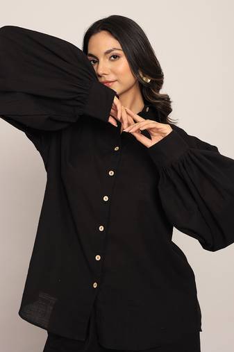 Black cotton slub solid shirts