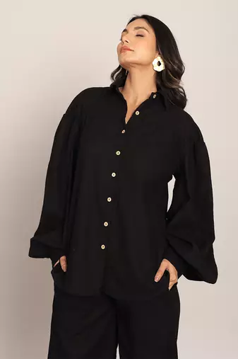 Black cotton slub solid shirts