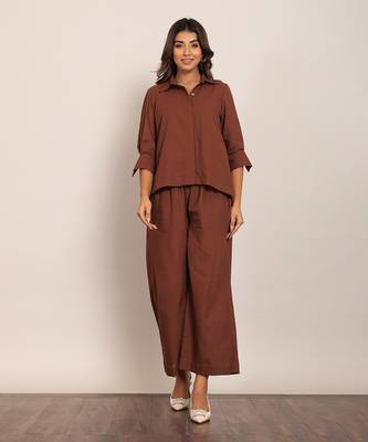 Brown cotton slub solid co-ord set 1