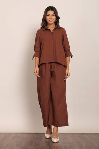 Brown cotton slub solid co-ord set
