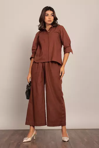 Brown cotton slub solid co-ord set