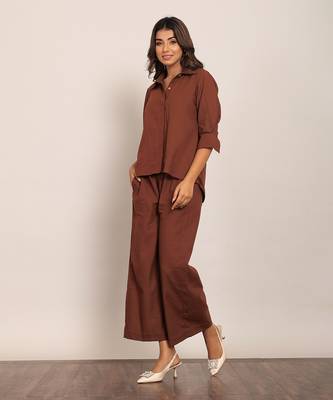 Brown cotton slub solid co-ord set 4