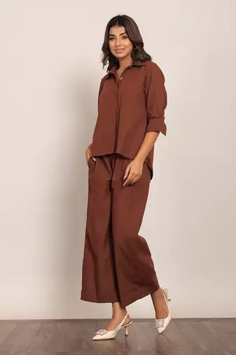 Brown cotton slub solid co-ord set