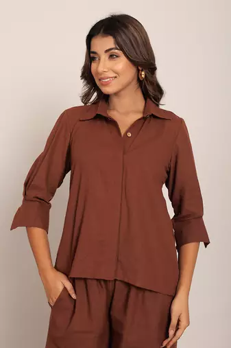 Brown cotton slub solid co-ord set