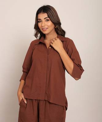 Brown cotton slub solid shirts 1