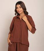 Brown cotton slub solid shirts