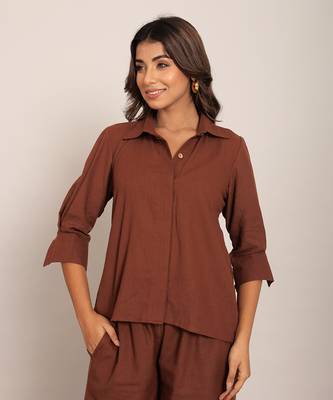 Brown cotton slub solid shirts 3