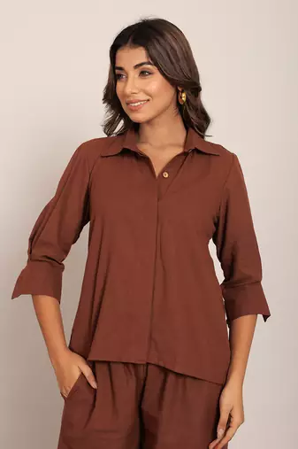 Brown cotton slub solid shirts