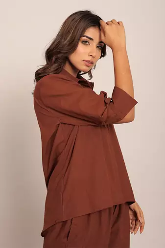 Brown cotton slub solid shirts