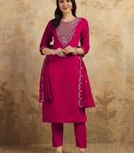 Women's Chanderi Embroidered Straight Kurta with Pant And Dupatta Set