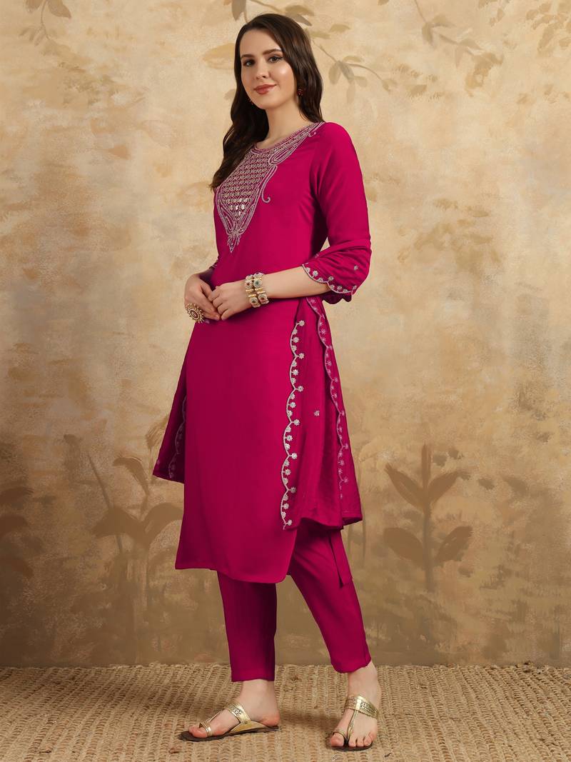 Women's Chanderi Embroidered Straight Kurta with Pant And Dupatta Set