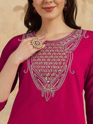 Women's Chanderi Embroidered Straight Kurta with Pant And Dupatta Set 4