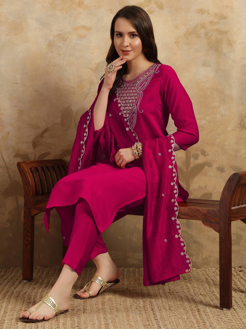Women's Chanderi Embroidered Straight Kurta with Pant And Dupatta Set
