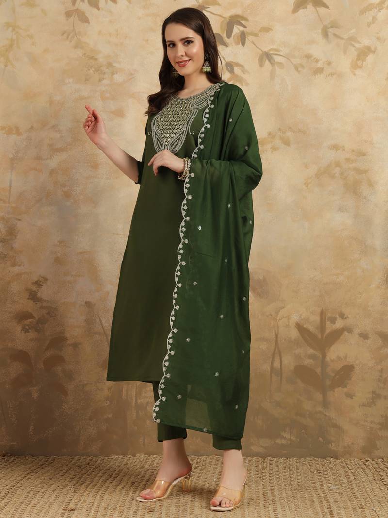 Women's Chanderi Embroidered Straight Kurta with Pant And Dupatta Set