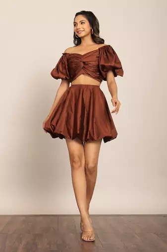 Coffee brown glaze cotton solid co-ord set