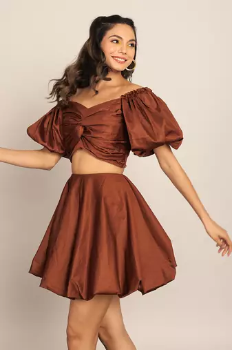 Coffee brown glaze cotton solid co-ord set