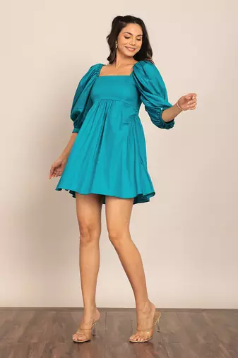 Sky blue glaze cotton solid dress