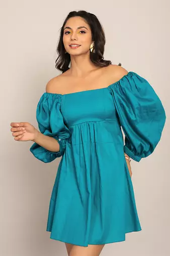 Sky blue glaze cotton solid dress