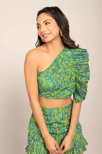 Green cotton geometric top