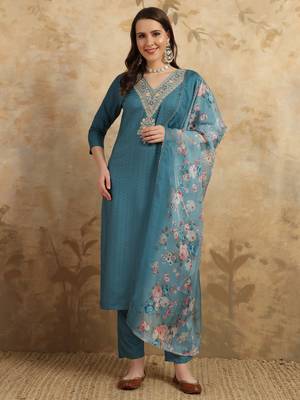 Women's Viscose Rayon Embroidered Straight Kurta with Pant And Dupatta Set 1