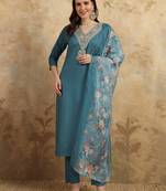Women's Viscose Rayon Embroidered Straight Kurta with Pant And Dupatta Set