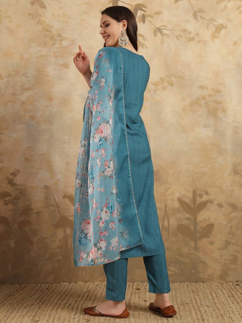 Women's Viscose Rayon Embroidered Straight Kurta with Pant And Dupatta Set