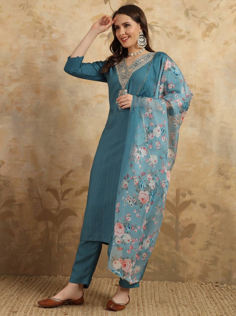 Women's Viscose Rayon Embroidered Straight Kurta with Pant And Dupatta Set