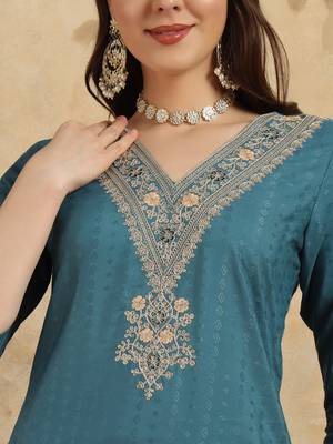 Women's Viscose Rayon Embroidered Straight Kurta with Pant And Dupatta Set 4